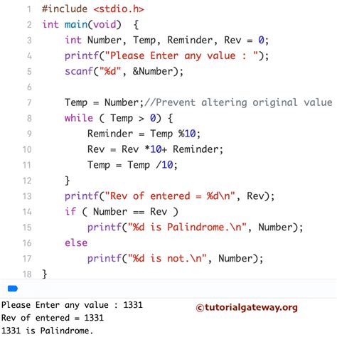 c program to check palindrome number using while loop