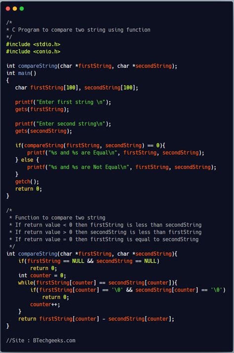 c program to compare two strings using user defined function