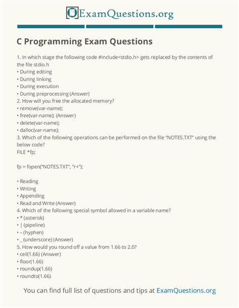 c programming final exam questions and answers pdf