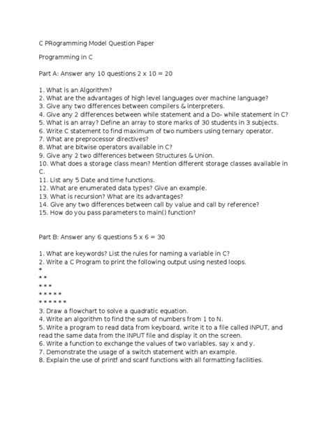 c programming model question paper with answers pdf