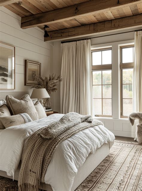 Cabin bedroom decor with soft neutrals