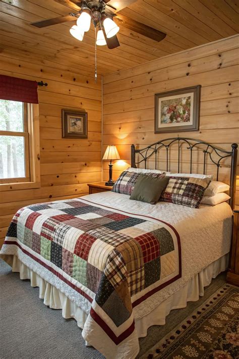 Cabin bedroom decor with textiles and patterns