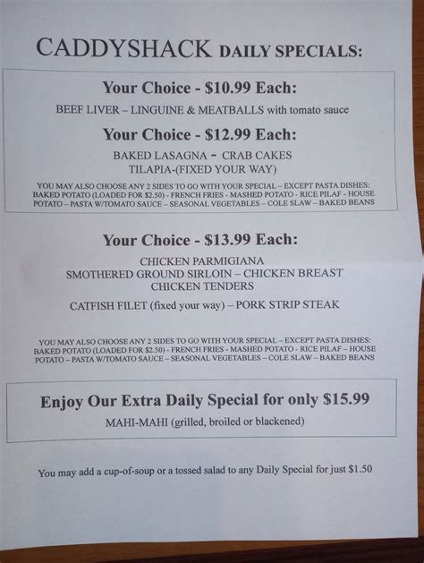 Caddyshack Bar Menu
