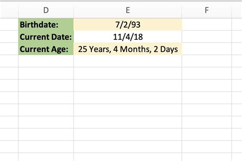 calculate age at end of year in excel