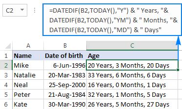 calculate age from date of birth in excel formula