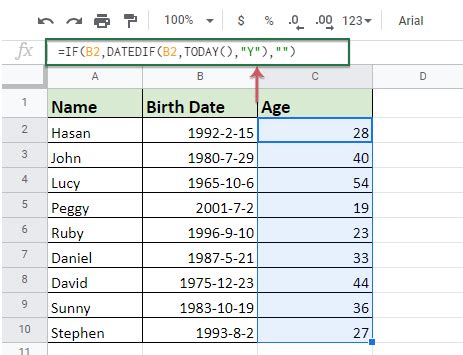 calculate age from date of birth in google sheets