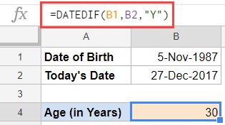 calculate age in years and months in google sheets