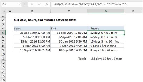 calculate days hours and minutes between two dates in excel