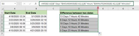 calculate days hours minutes seconds between two dates excel