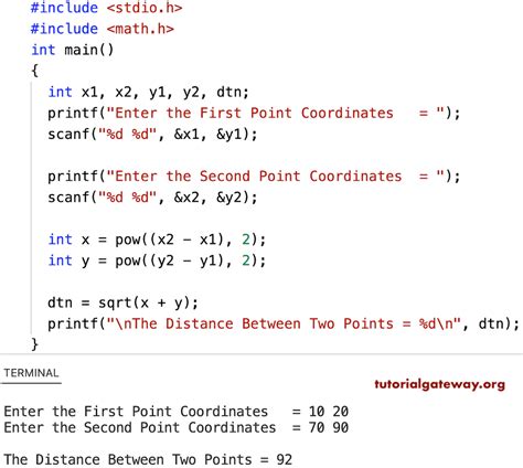 calculate distance between two points c program