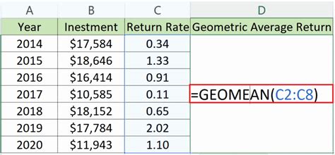calculate geometric mean rate of return in excel