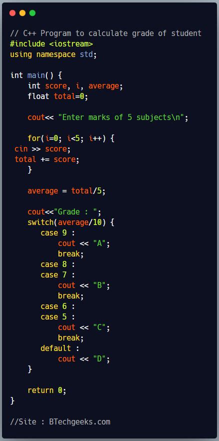 Calculate Grade Using Switch Statement In C