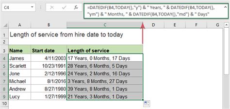 calculate length of service in excel using today