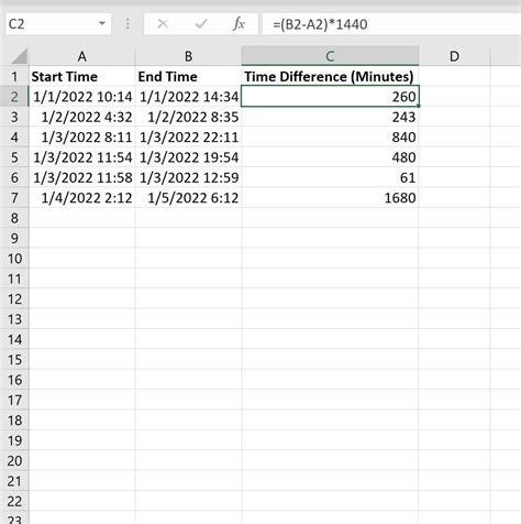 calculate minutes between times in excel
