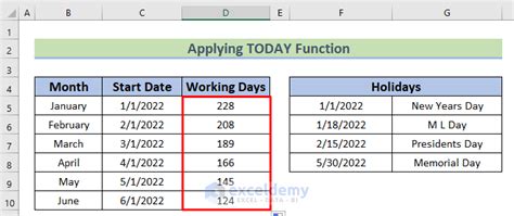 calculate monthly working days in excel
