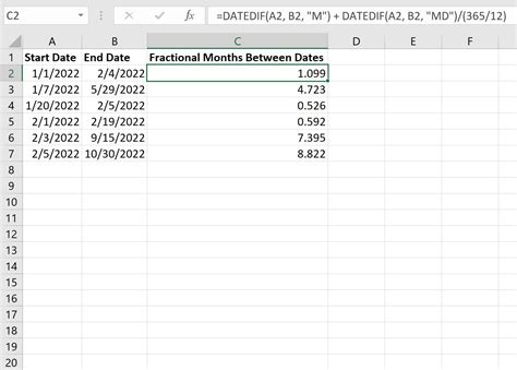calculate months between 2 dates in excel