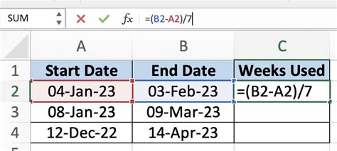 calculate number of weeks in excel between two dates
