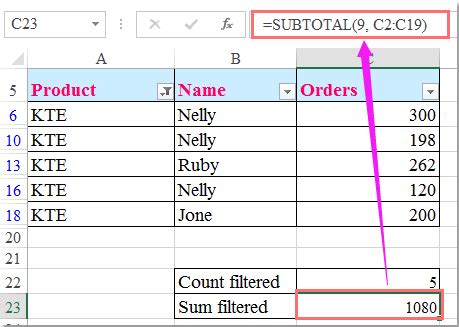 calculate sum in excel based on filter