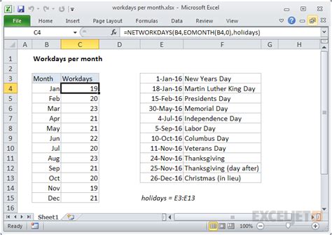 calculate working days in a month excel