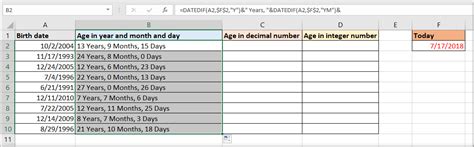 calculate year and month from date of birth in excel