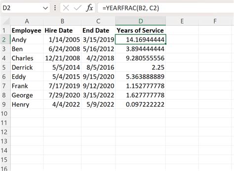 calculate years of service from hire date to today excel