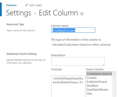 calculated date formula in sharepoint list