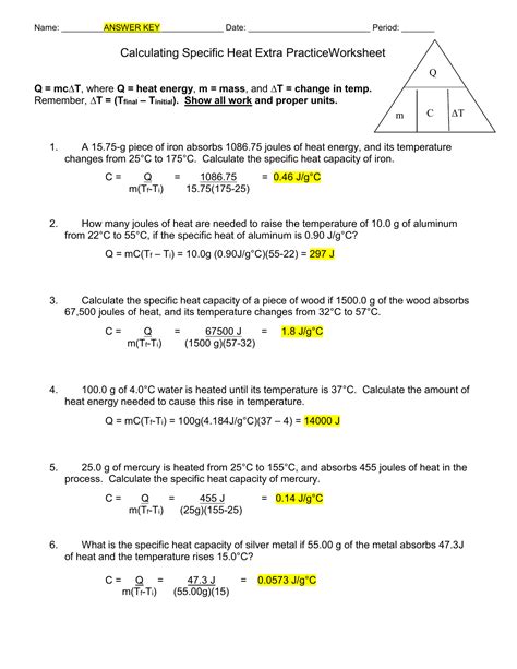 calculating specific heat worksheet answer key