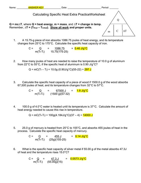 calculating thermal energy specific heat worksheet #2 answers