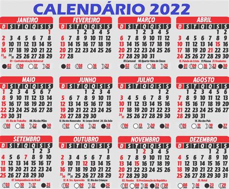 calendário 2022 com feriados nacionais