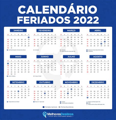 calendário com feriados em 2022