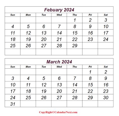Calendar 2024 February And March