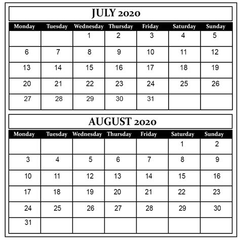 Calendar For July And August