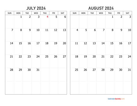 Calendar For July And August 2024