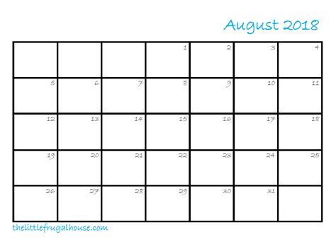 Calendar For The Month Of August
