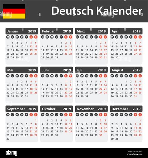 German Calendar for 2019. Scheduler, agenda or diary template. Week
