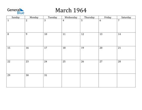 March 1964 Monthly Calendar (PDF, Word, Excel)