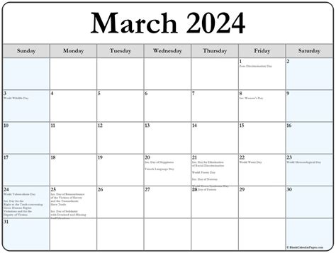 Calendar March 2024 With Holidays