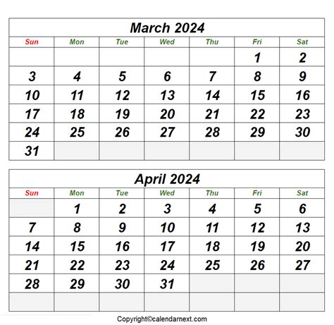 Calendar March April May 2024