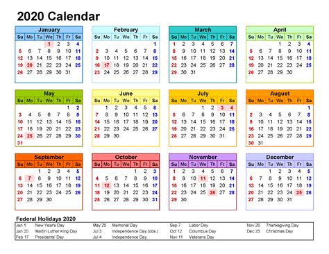 calendar 2020 with holidays listed