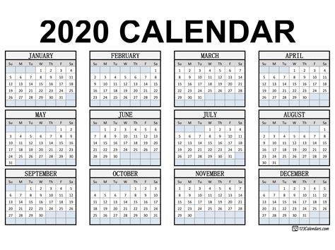 calendar 2020 year printable