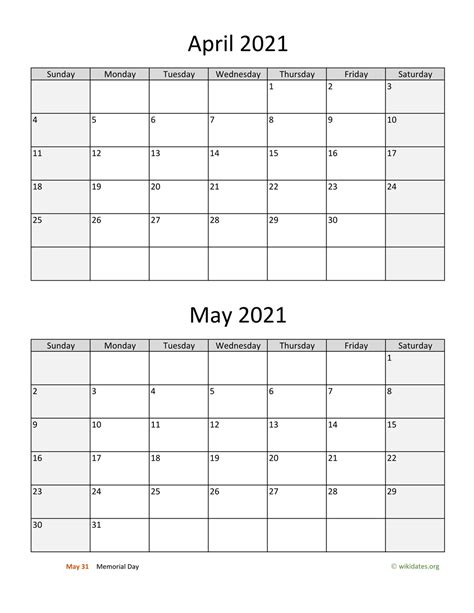 calendar 2021 april may