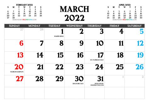 calendar 2022 march month