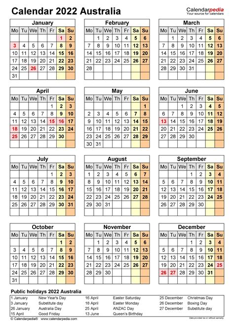 calendar 2022 with public holidays australia