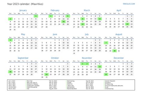calendar 2023 mauritius with public holidays