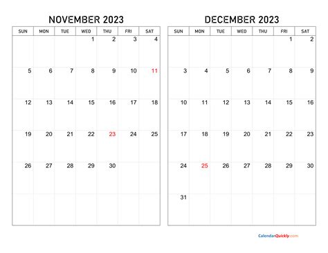 calendar 2023 november december printable