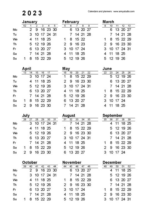 calendar 2023 week numbers pdf