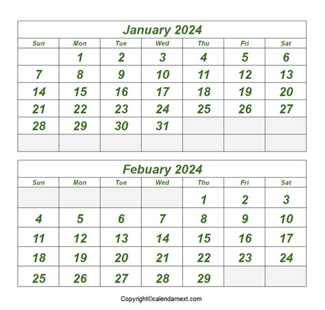 calendar 2024 january february