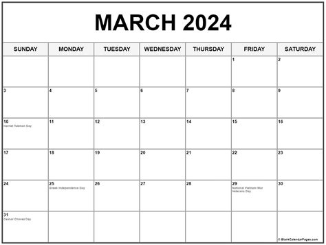 calendar 2024 march with holidays