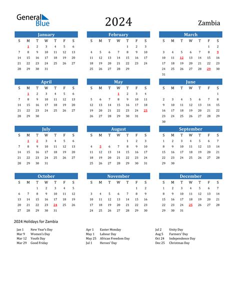 calendar 2024 with holidays zambia