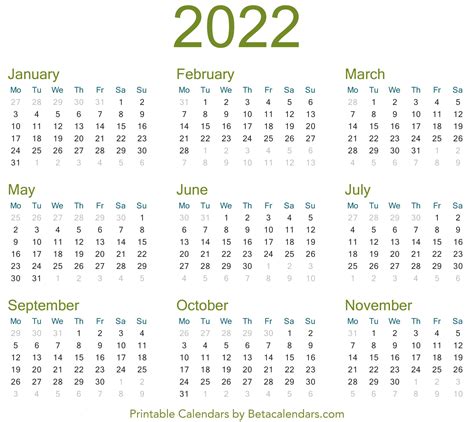 calendar days in 2022